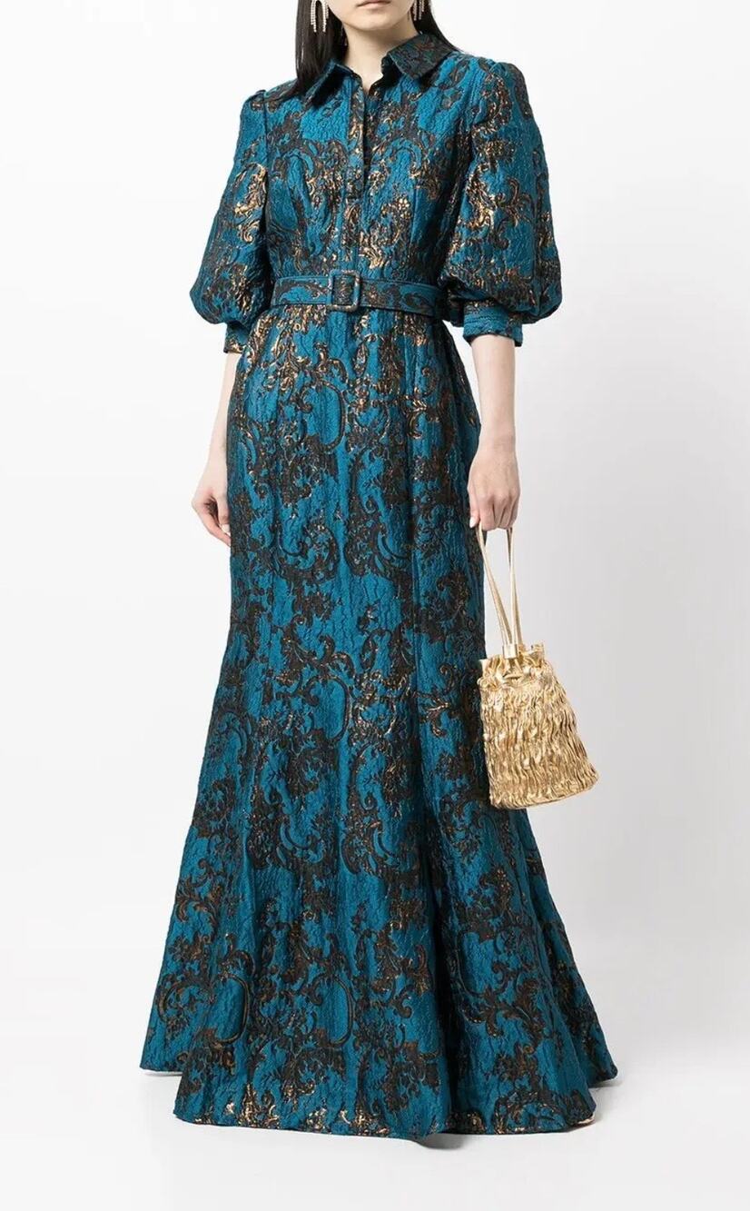 Badgley Mischka Blue Jacquard Puff Sleeve Trumpet Belted Shirt Evening Dress 6
